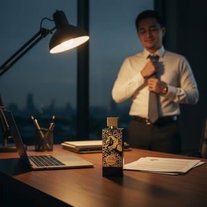 Royal Leather by Zimaya perfume bottle on office desk evening lamp men fragrance Malaysia