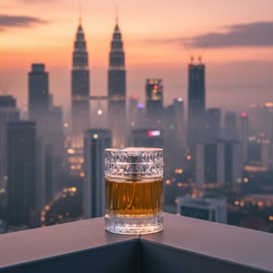 Sharaf Blend by Zimaya perfume bottle on balcony with KL sunset mist luxury fragrance Malaysia