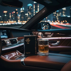 Bottle photographed inside luxury car with dashboard glow and city lights ahead