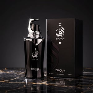 Taraf Black by Zimaya perfume bottle on black marble with golden veins luxury men fragrance Malaysia