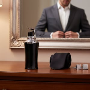 Taraf Black by Zimaya perfume bottle with suit and cufflinks reflection elegant men scent Malaysia