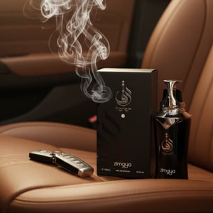 Taraf Black by Zimaya perfume bottle on leather seat with oud smoke masculine scent Malaysia