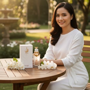 Taraf White by Zimaya perfume bottle in garden with Malay woman white dress jasmine flowers Malaysia