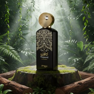 Wameed by Zimaya perfume bottle and box on tree stump rainforest amberwood note unisex fragrance Malaysia