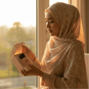 Malay woman opening Zimaya Yaa Umree perfume box by window with golden morning light floral women scent Malaysia