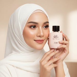 Malay woman in white hijab holding Zimaya Yaa Umree perfume graceful smile floral women scent Malaysia