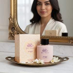 Zimaya Yaa Umree perfume bottle with jasmine petals Malay woman mirror reflection luxury women perfume Malaysia