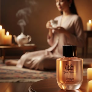 Zimaya Yaa Umree perfume bottle in candlelight Malay woman evening soft vanilla scent Malaysia”