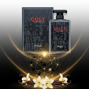 Cult perfume bottle and packaging with vanilla beans and flowers on a dark background