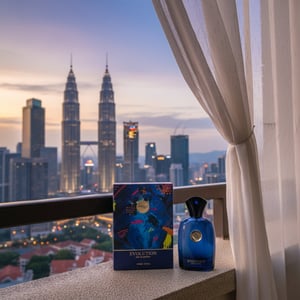 Zimaya evolution perfume bottle and box on balcony KL skyline dusk men fragrance Malaysia