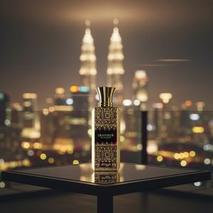Zimaya Grandeur perfume bottle on rooftop with Kuala Lumpur night lights background luxury fragrance Malaysia