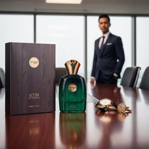 Zimaya Icon perfume bottle and box on boardroom table watch cufflinks men fragrance Malaysia