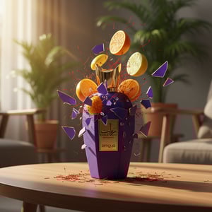 Rabab Gems 100ml EDP by Zimaya Purple perfume bottle with orange slices and a blurred indoor setting