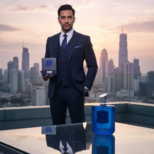 Malay man holding Zimaya Royal Paragon perfume box on rooftop Kuala Lumpur skyline luxury men fragrance Malaysia