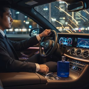 Malay man with Zimaya Royal Paragon perfume in car dashboard KL night lights men fragrance Malaysia