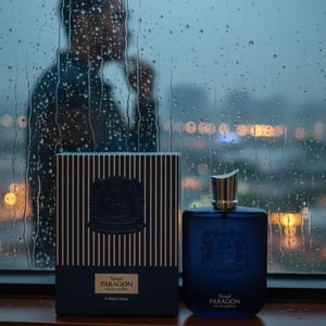 Zimaya Royal Paragon perfume bottle on window ledge with rainy KL city lights men fragrance Malaysia
