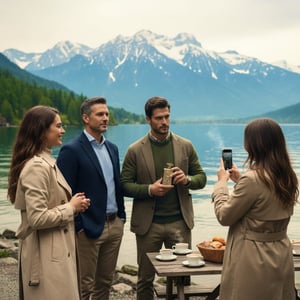 Two women taking a photo of two men by a lake with mountains in the background