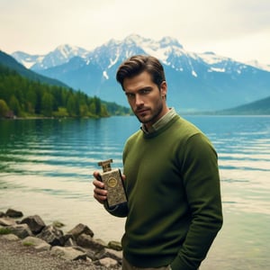 Man holding a bottle by a lake with mountains in the background