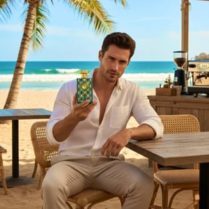Man sitting at a beachside table holding a bottle of perfume with palm trees and ocean in the background