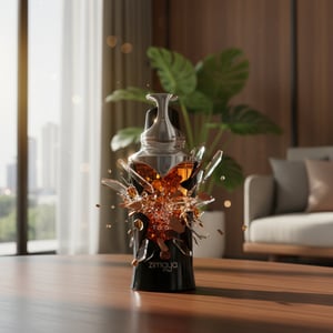 Zimaya Taraf Black Perfume broken with butterfly design on a wooden table in a modern living room.