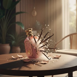 Zimaya Zukhruf Femme bottle clearly visible. Scene: malaysia lifestyle in house with table; broken glass reveals green vanilla mist instead of liquid
