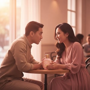Malay couple in sunset café smiling as man attracted by woman’s perfume zukhruf Malaysia